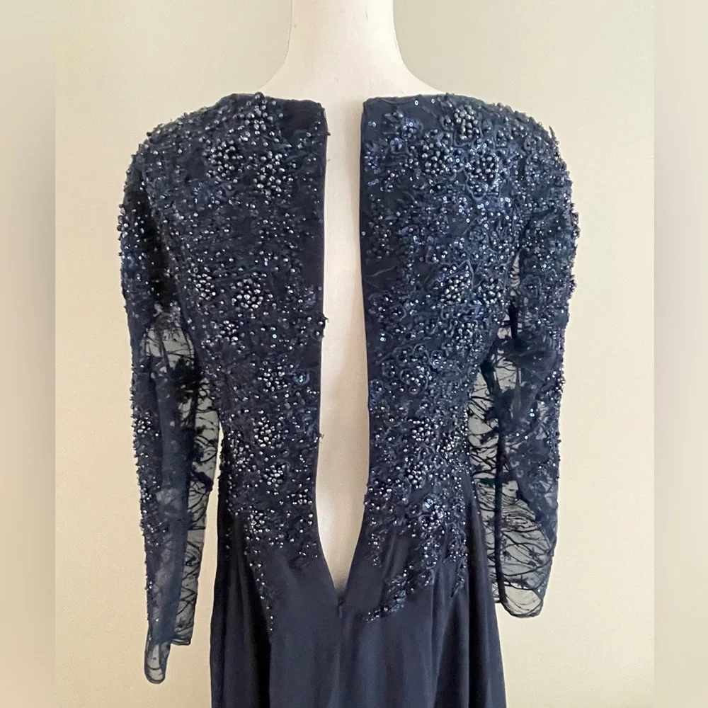 NWT Mac Duggal High Neck Mesh Long Sleeve Embellished A Line Gown 20388 Size 8